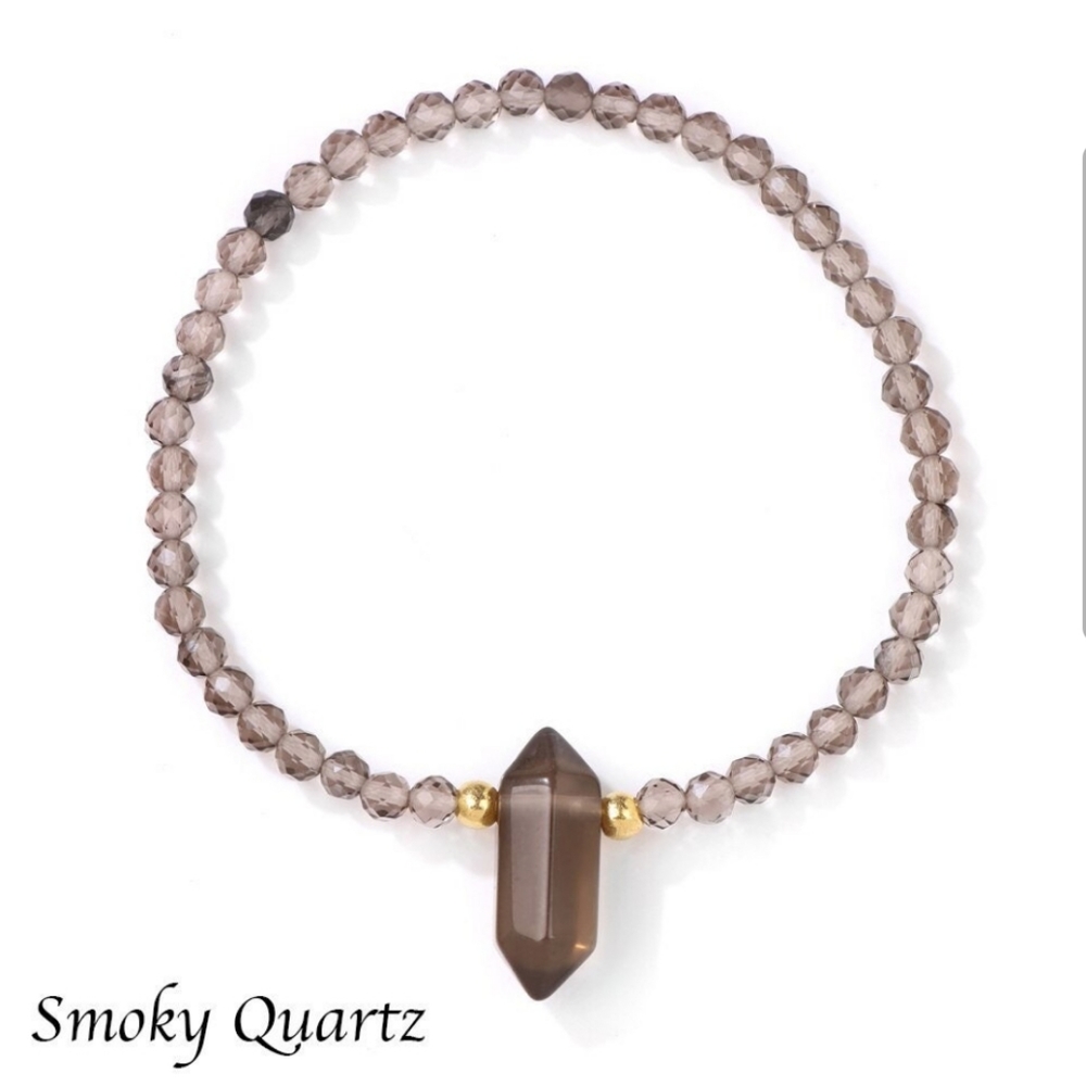 Smoky Quartz Gemstone Bracelet with Hexagonal Charm, Round Beaded